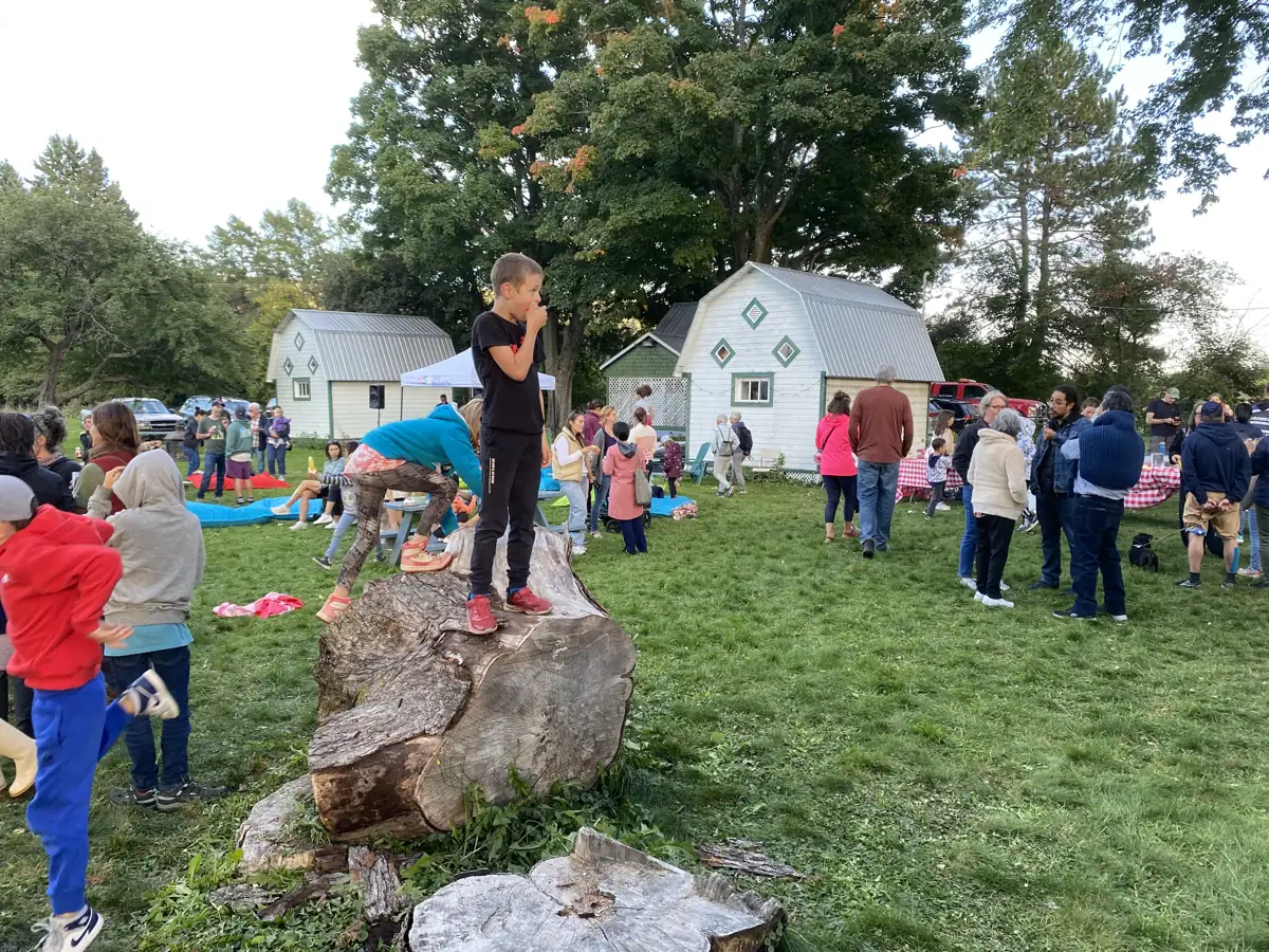 Fête au jardin, un enfant debout sur une souche devant la foule